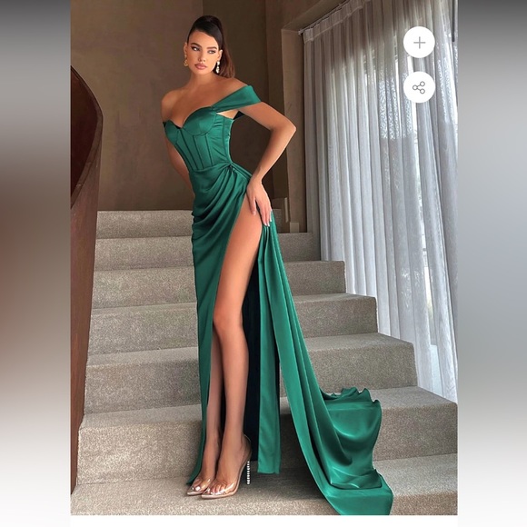 Green High Slit Corset Satin Gown - Picture 1 of 6
